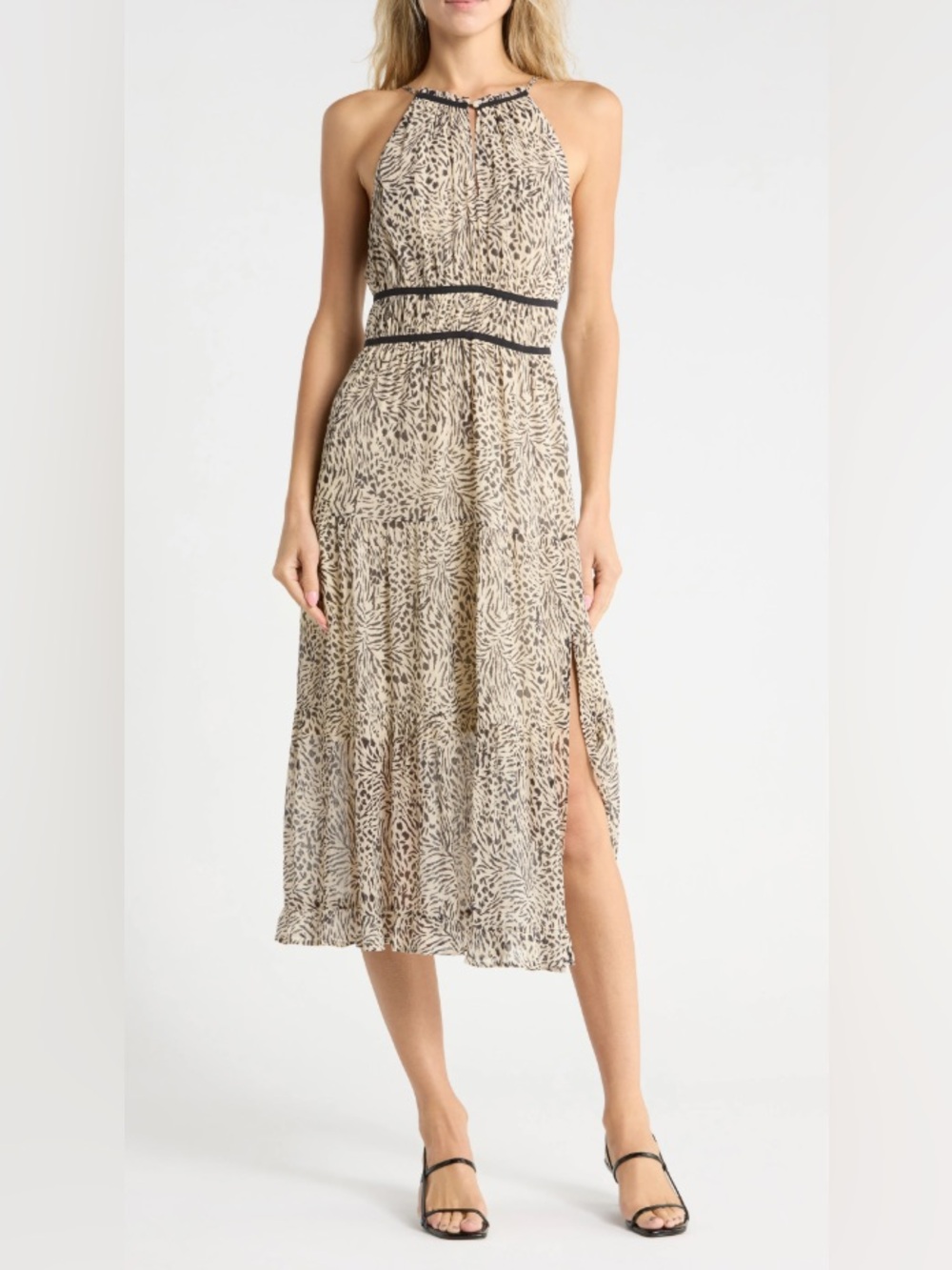 PAIGE Esmerelda Cloud Dancer & Black Tiered 100% Silk Midi Dress Size Medium